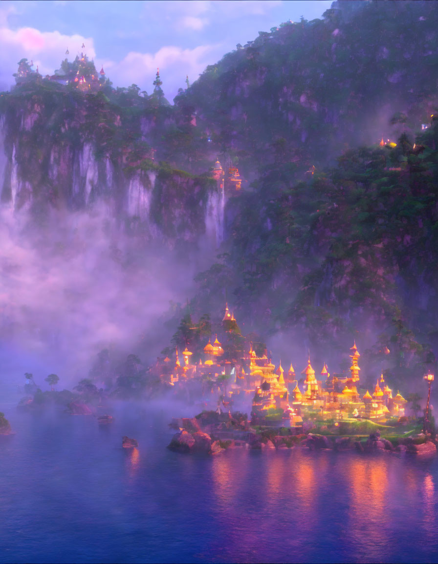 Mystical city with golden spires, waterfalls, purple mist, and mountain backdrop