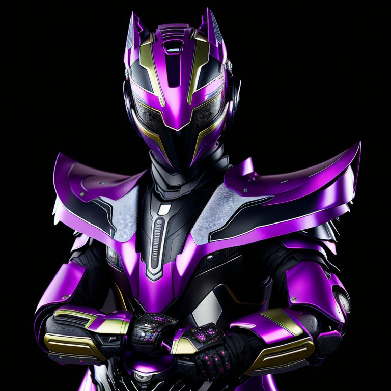 Purple and Black Futuristic Armored Figure with Sleek Helmet and Robust Shoulder Plates