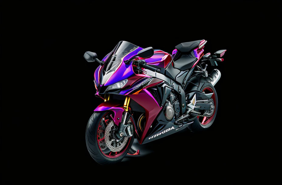 Purple and Pink Sport Motorcycle with Branding on Fairing on Dark Background