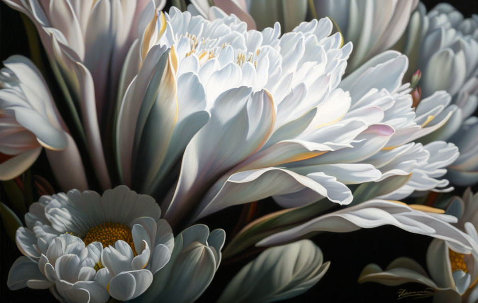 Detailed Hyper-Realistic White Flowers Painting on Dark Background