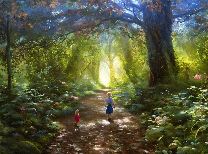 Serene forest scene: children walking in sunlight among lush greenery