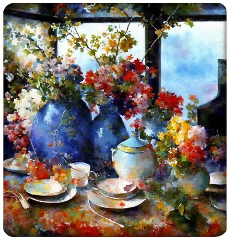 Colorful Watercolor Painting of Floral Arrangement by Window