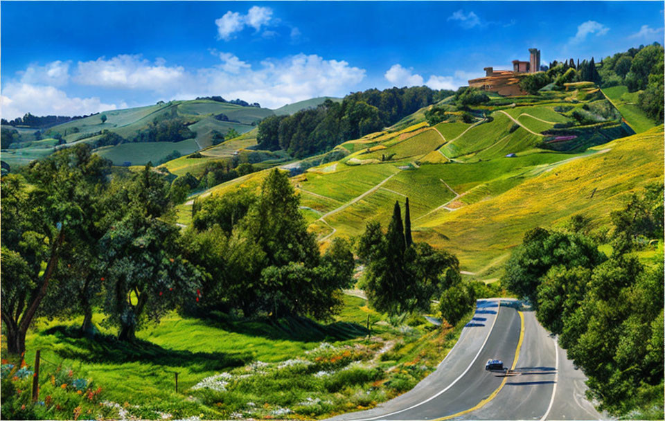 Winding Road Through Green Hills with Castle and Fields