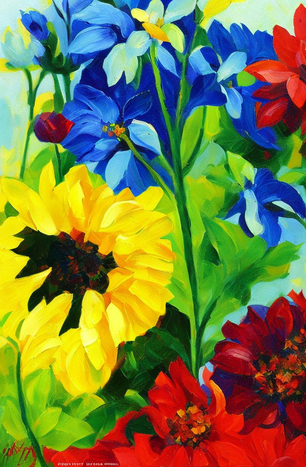 Colorful Flower Painting with Sunflowers and Red Blooms