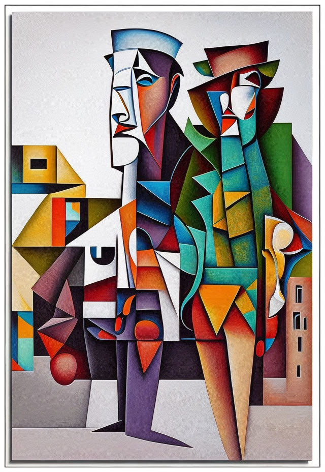 Geometric Cubist Art: Abstract Human Figures & Buildings