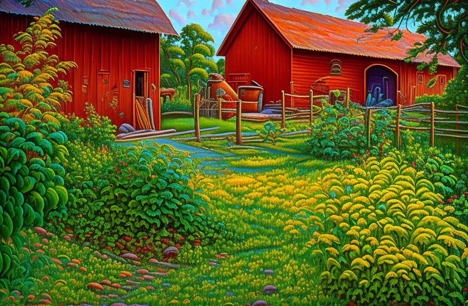 Rural farm landscape with red barns, greenery, flowers, and stone path at sunset