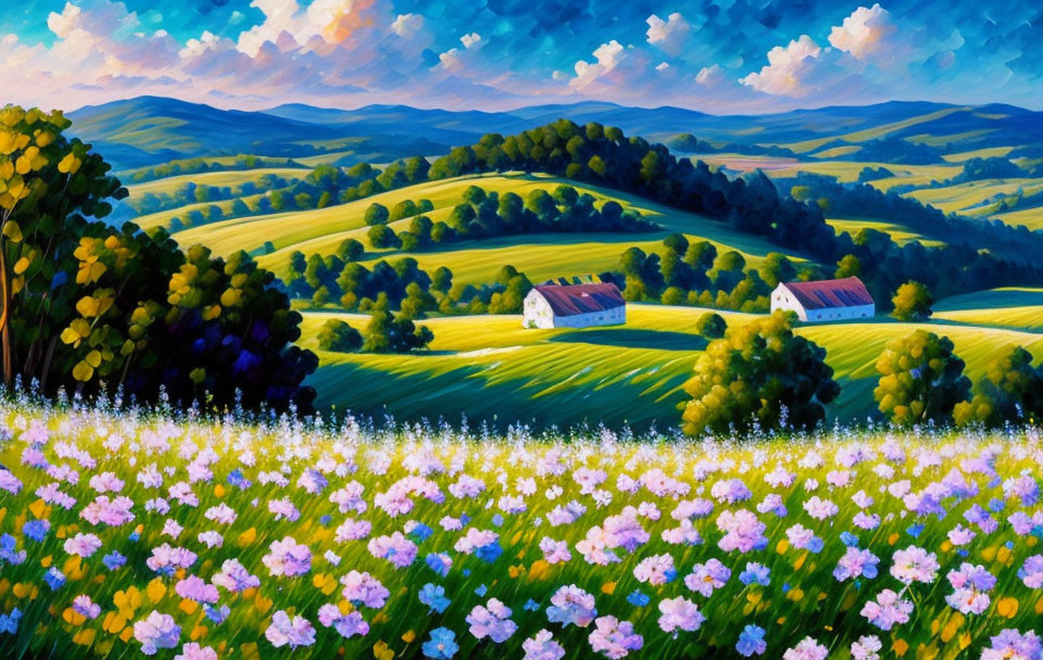 Scenic landscape painting with rolling hills, meadow, houses, and forest under cloudy sky