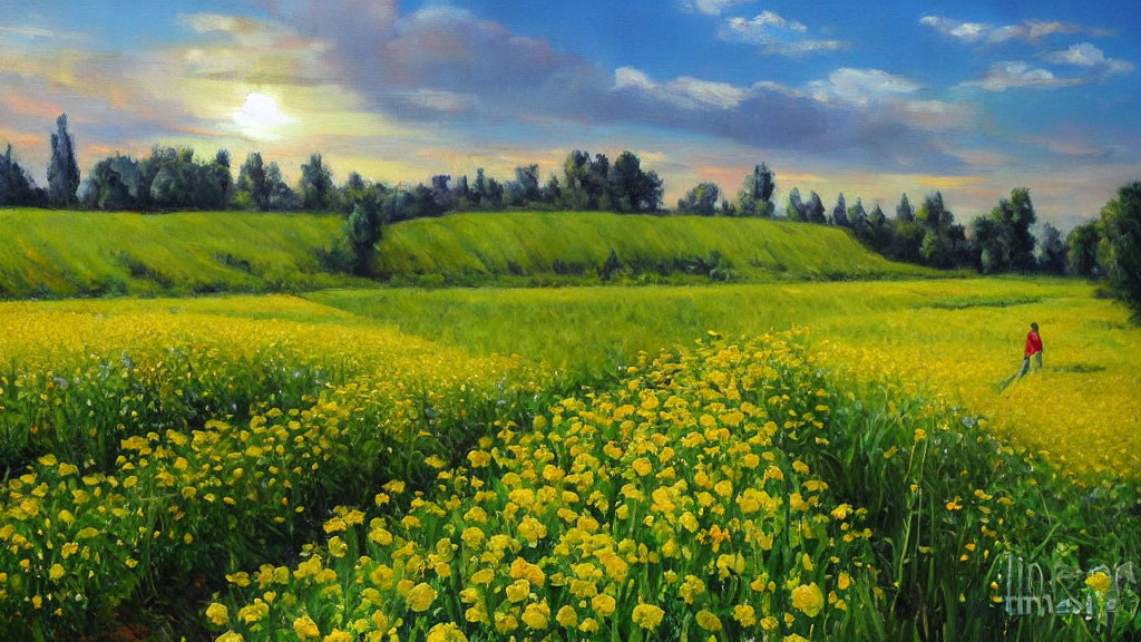 Colorful painting of person in yellow flower field at sunset