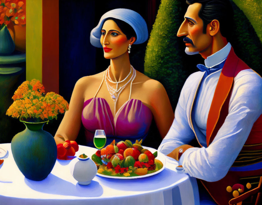 Stylized painting of elegant couple at dining table with fruit bowl and flower vase