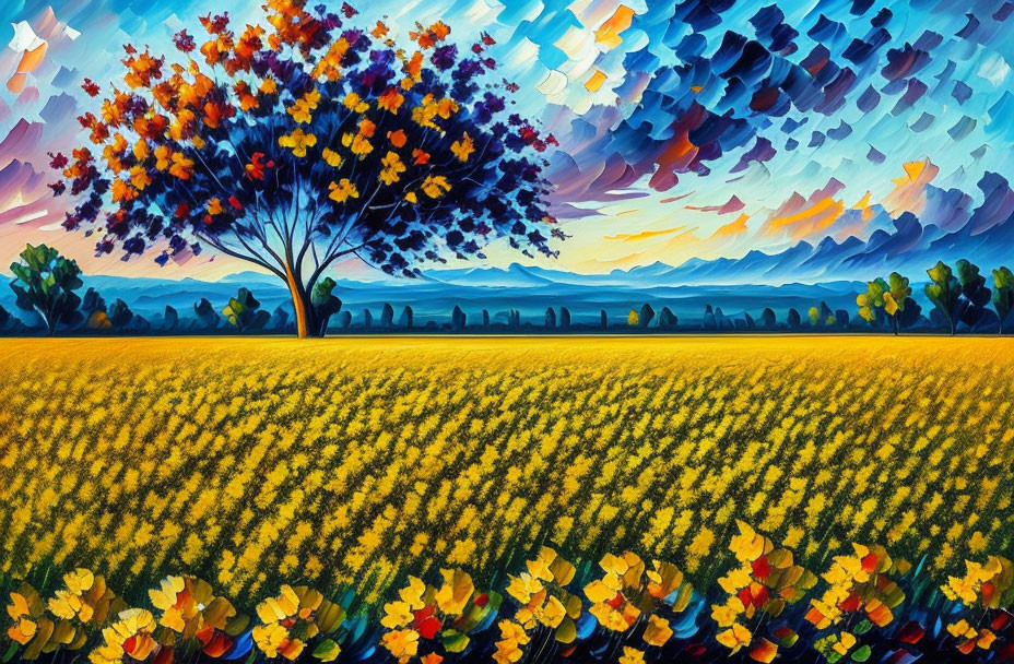 Colorful oil painting of autumn tree in field with yellow flowers under dynamic sky