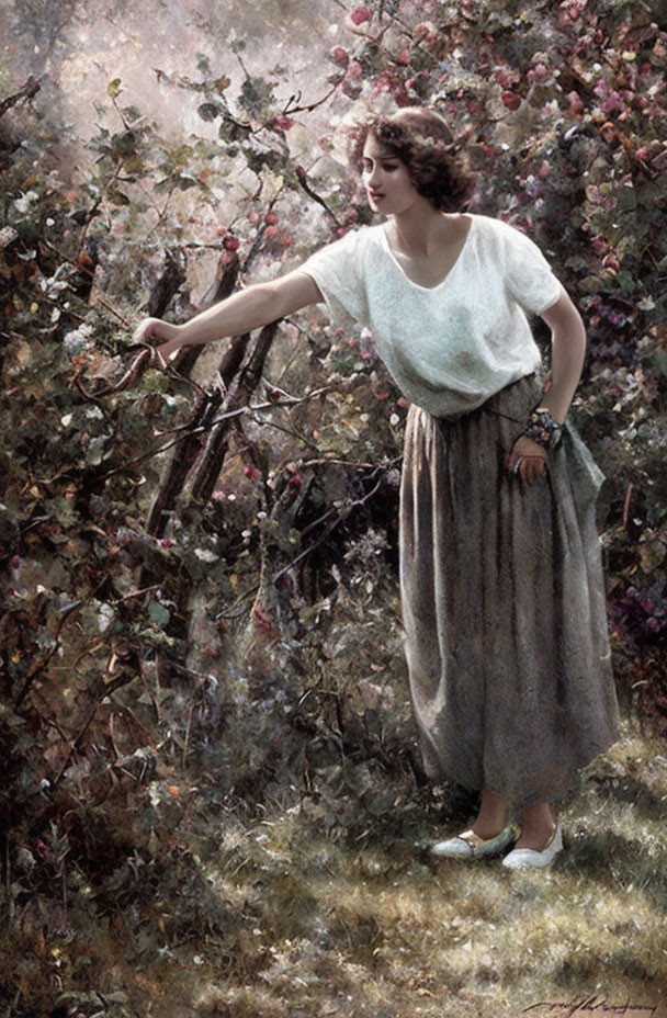 Vintage attired woman near rose bush in serene nature setting