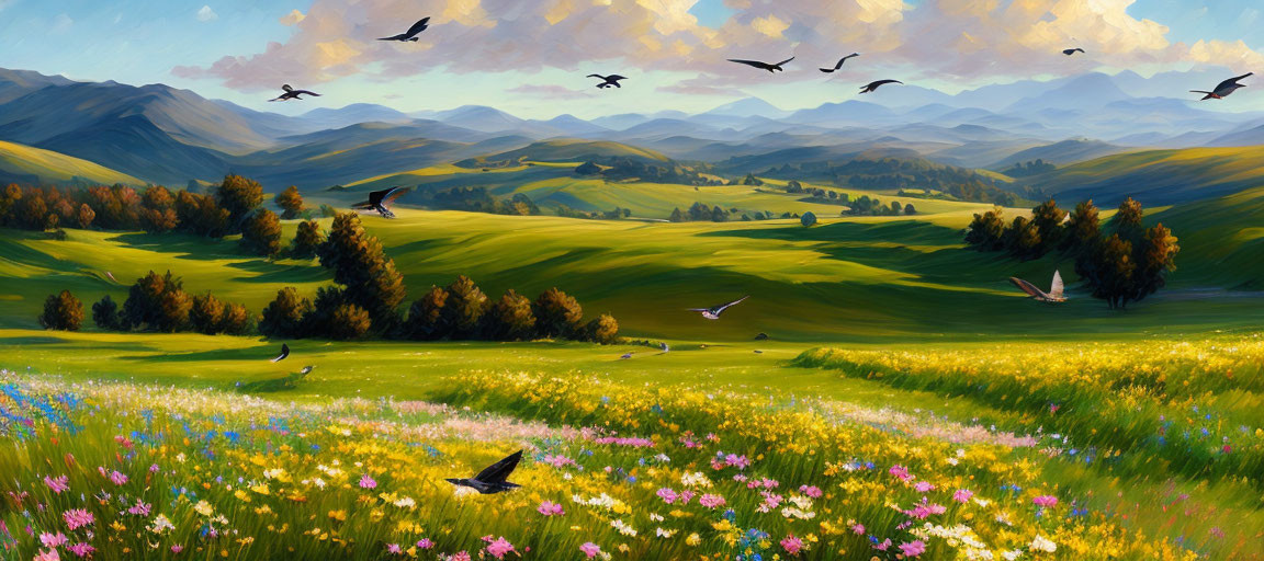 Colorful landscape painting of rolling green hills and wildflowers under a blue sky