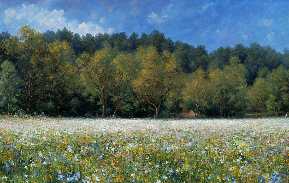 Vibrant wildflower meadow surrounded by lush trees under a blue sky