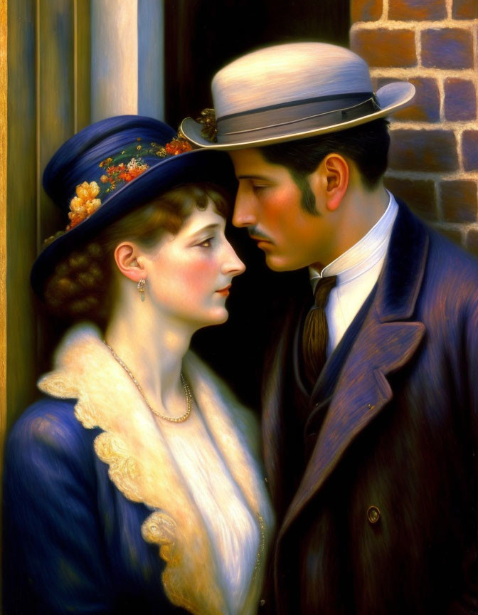 Victorian-era couple in elegant attire sharing intimate moment