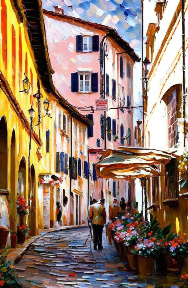 Colorful town street scene with buildings, flowers, and people under a bright blue sky