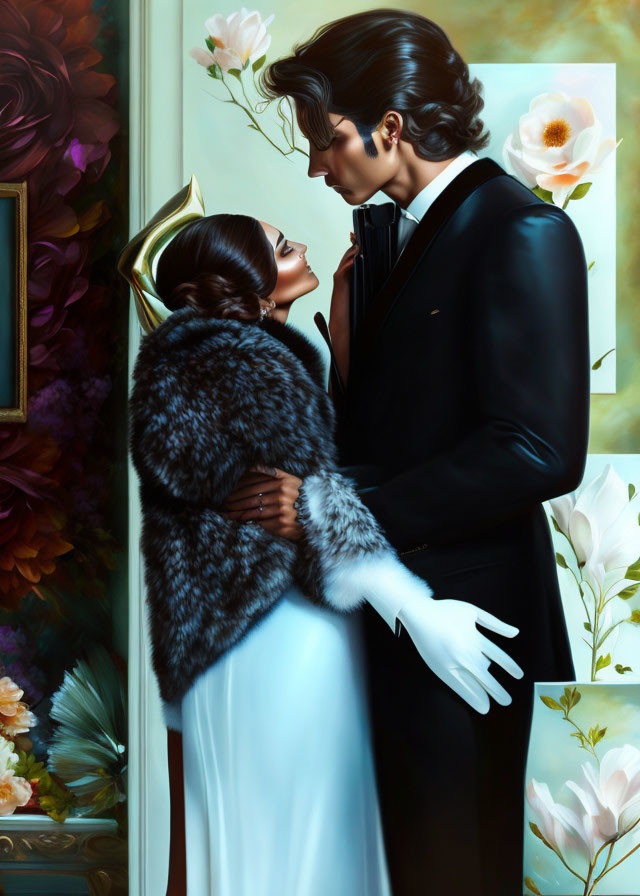 Romantic couple in formal attire embracing near flower painting