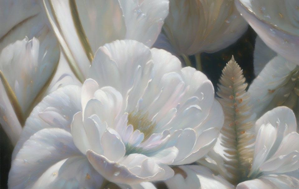 White peony flowers: Soft petals, subtle sunlight, serene vibe