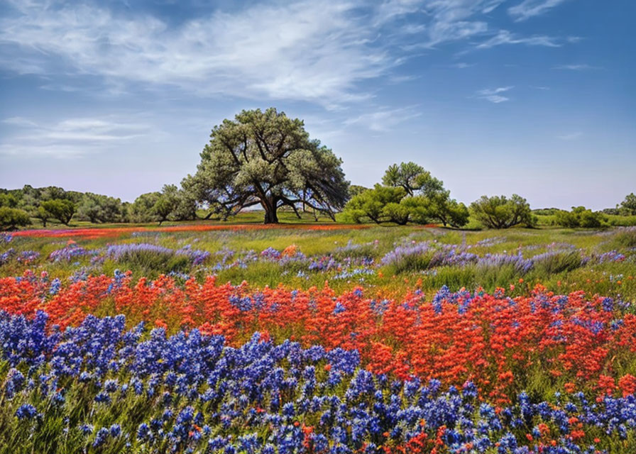 Colorful wildflowers cover field under lone tree with green backdrop.