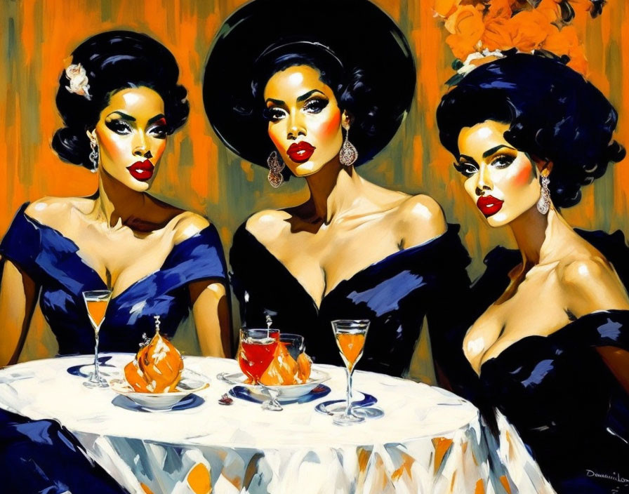 Three elegant women in blue dresses at a table with cocktails in vibrant, bold makeup.