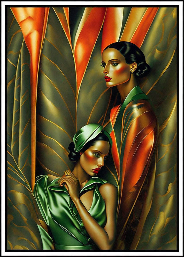 Stylized women with glossy skin in elegant poses among vibrant tropical leaves