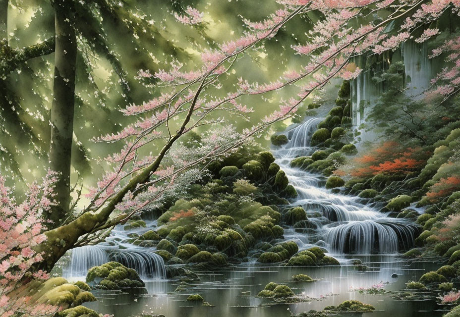 Scenic cascade with cherry blossoms in lush setting