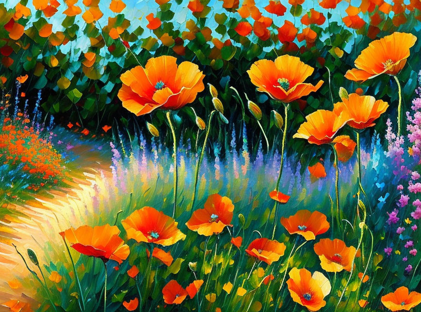 Colorful painting of blooming red poppies in lush green field