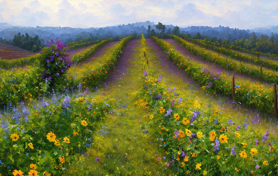 Vibrant wildflowers in bloom at scenic vineyard with green hills and hazy sky