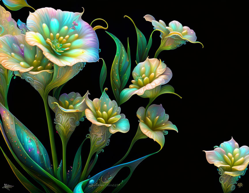 Stylized luminescent flowers on dark background with vibrant colors