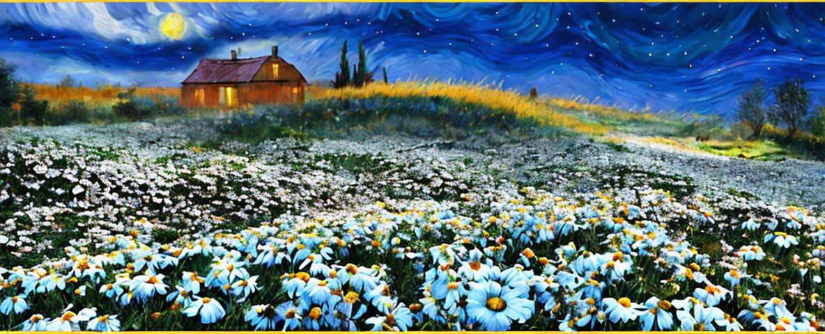 Starry night sky painting with daisies and rustic house