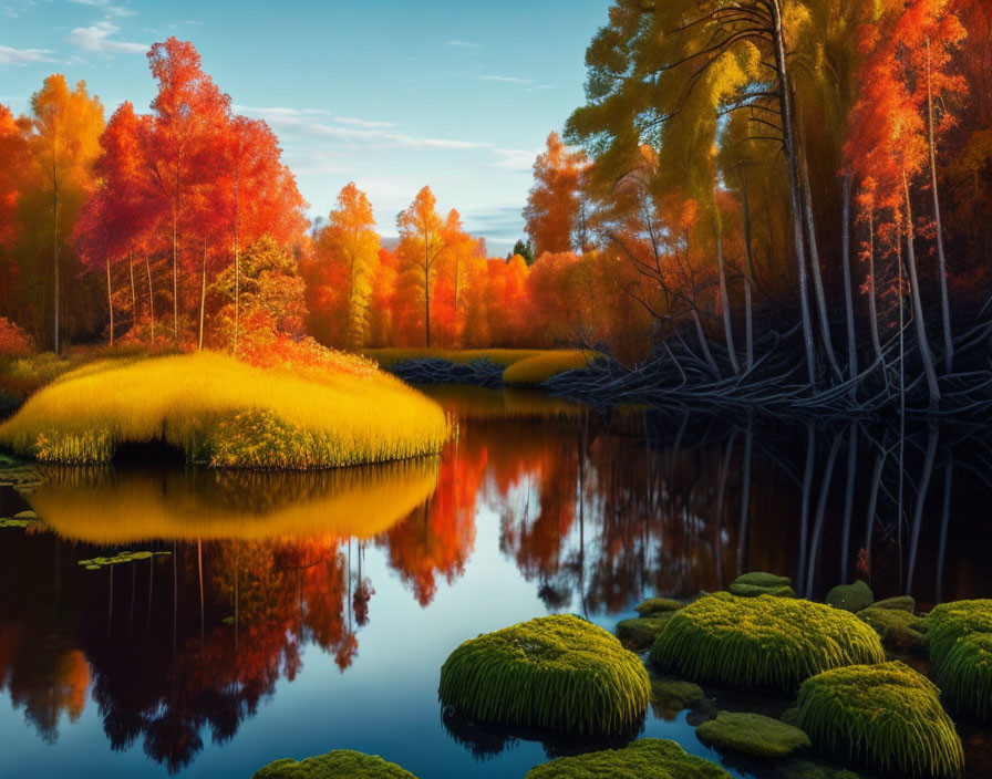 Vibrant autumn trees reflected in calm lake with moss-covered rocks