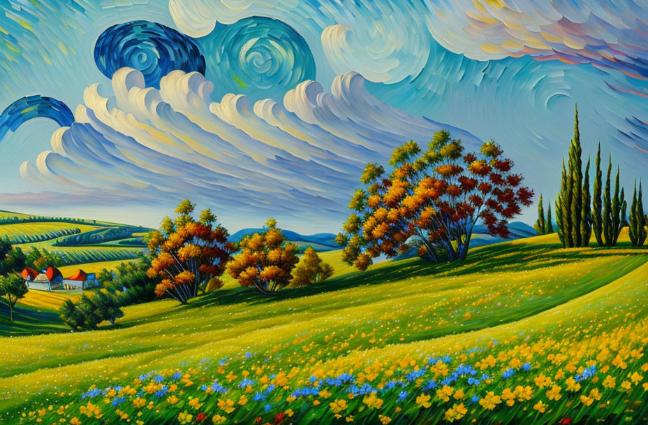 Colorful landscape painting with blue skies, green hills, autumn trees, house, and yellow flowers.