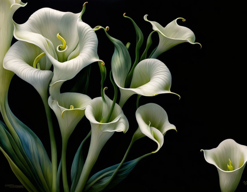 White Calla Lilies with Yellow Pistils on Dark Background