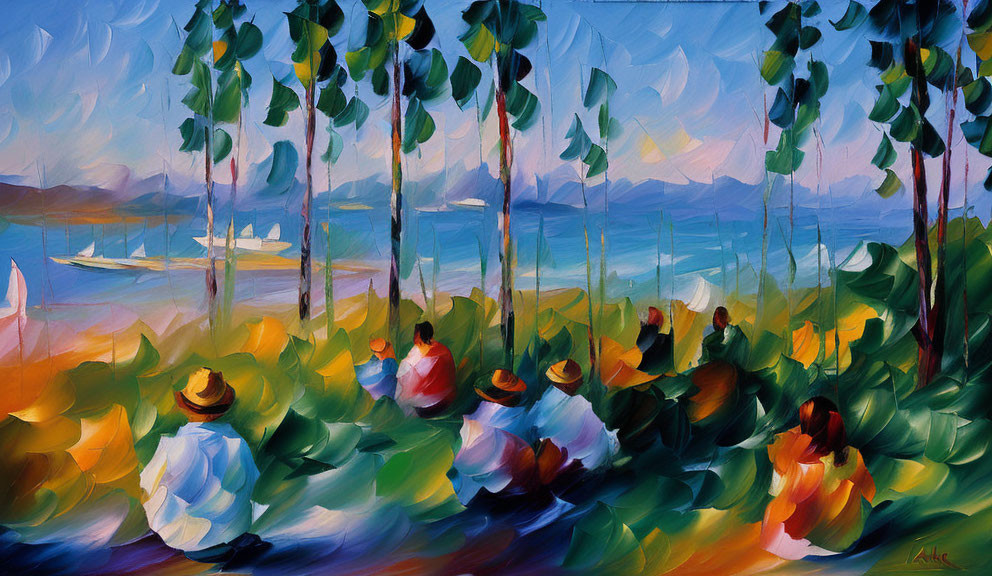 Colorful painting of people in hats by the sea with trees, boat & mountains in expressive brushst