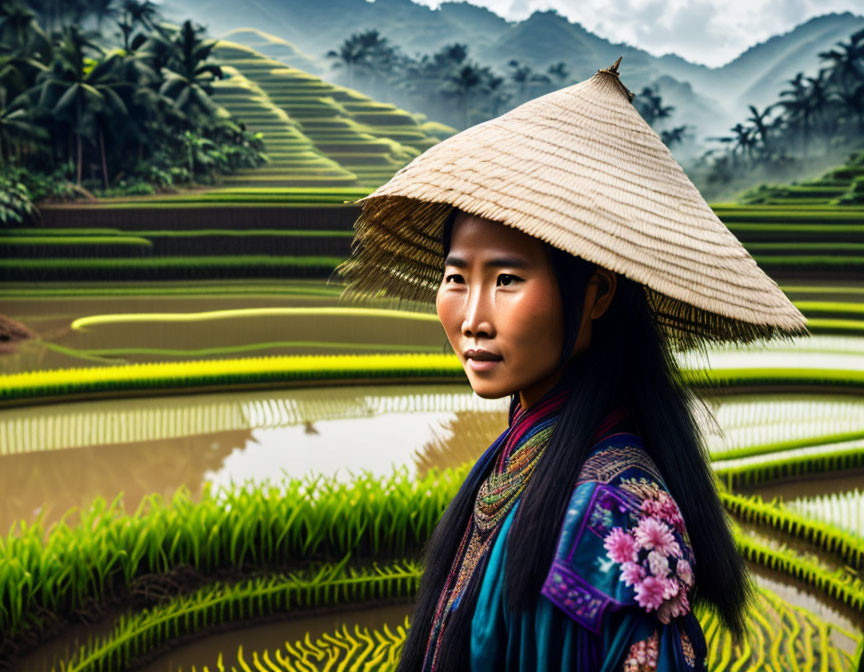 Traditional attire woman in conical hat at rice paddies