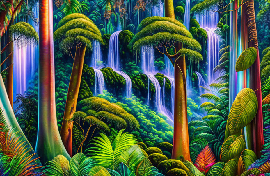 Colorful Stylized Forest Artwork with Waterfalls & Lush Foliage