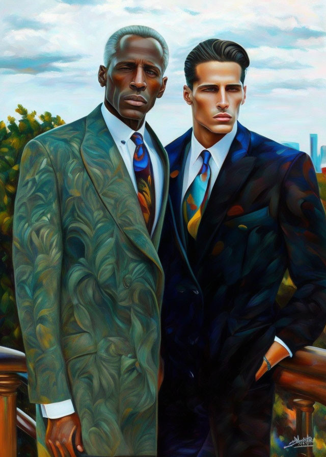 Two men in suits against cityscape: older with gray hair, younger with dark hair, both serious