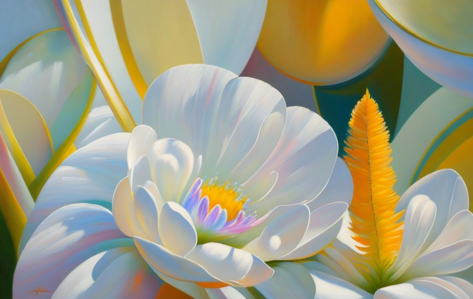 Close-up White Lotus Flower Painting with Yellow Center in Soft Pastel Colors