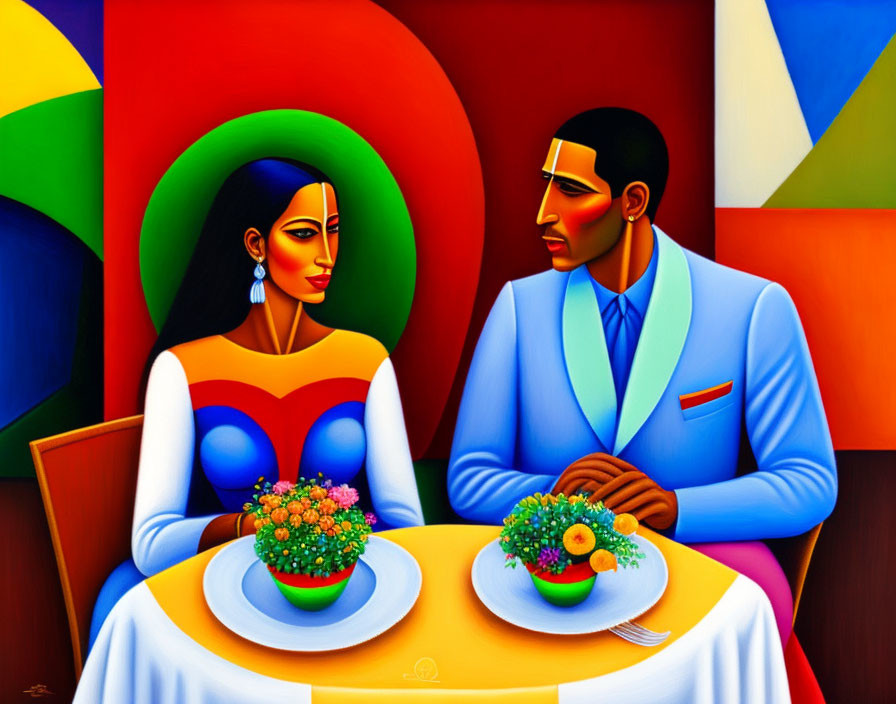 Colorful Artwork of Man and Woman at Table with Geometric Shapes