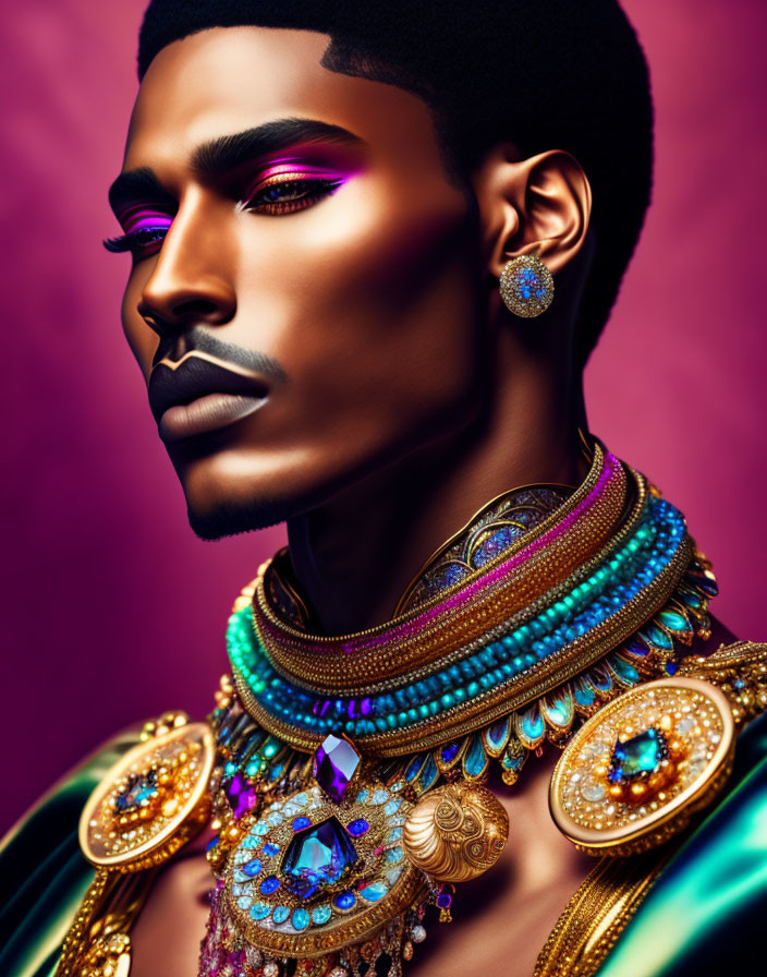 Elaborate jewelry and striking makeup on person against purple backdrop