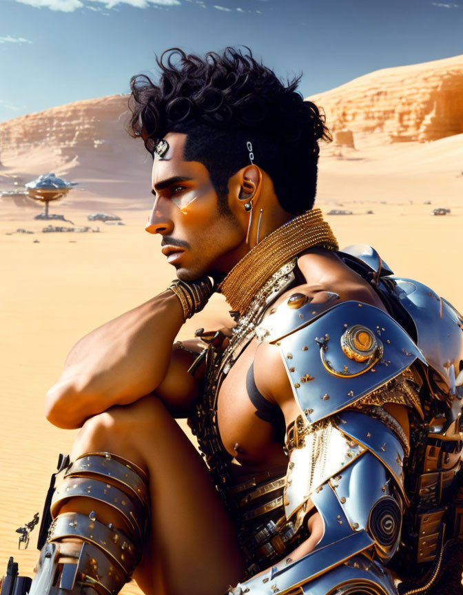 Man in Stylish Armor with Desert Background