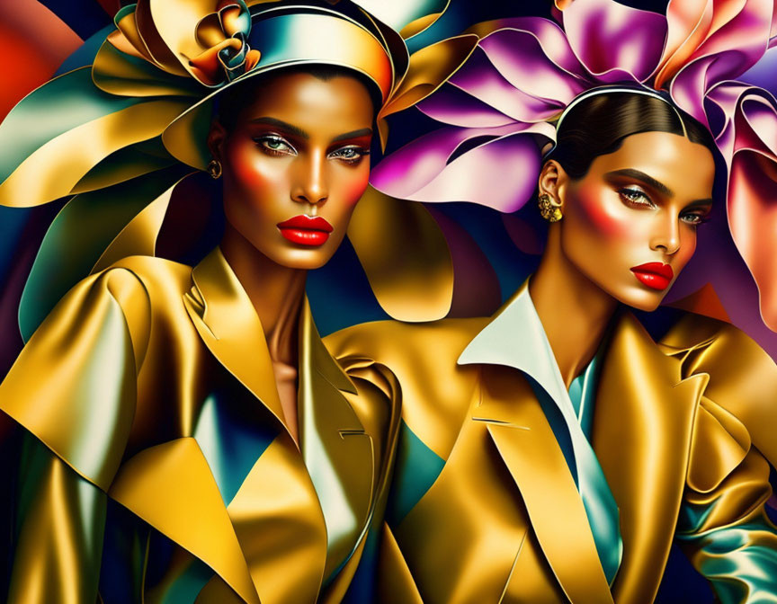 Stylized women with striking makeup and colorful attire