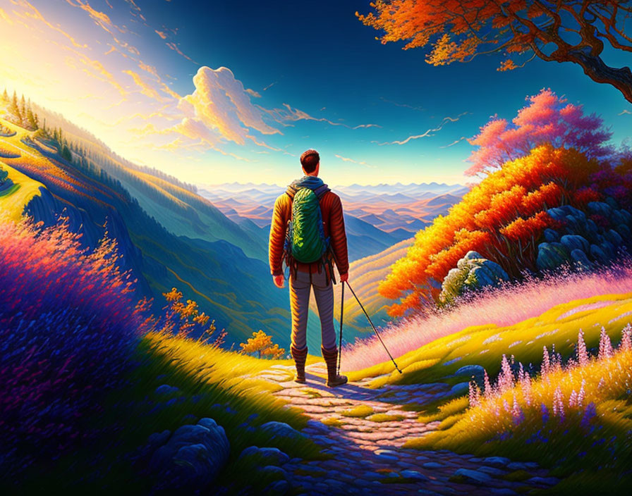 Backpacker on Colorful Hills at Sunset