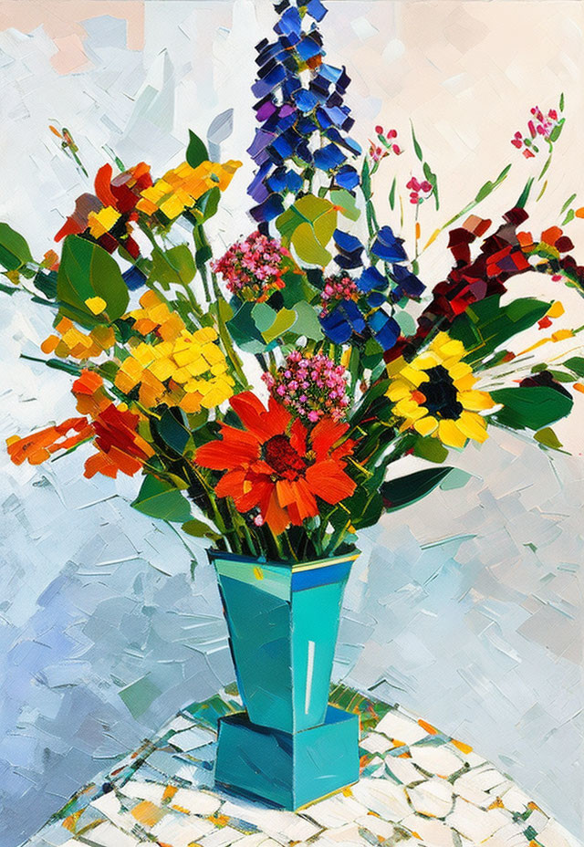 Colorful Flower Bouquet Painting on Teal Vase Background