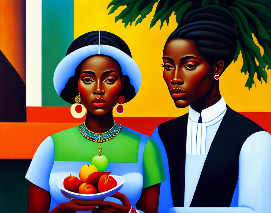 Stylized figures in hat and dress holding fruit, against colorful geometric background