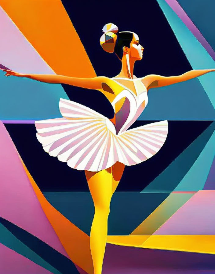 Colorful geometric art: Ballerina in stylized tutu against abstract backdrop