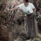 Vintage attired woman near rose bush in serene nature setting