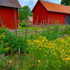 Rural farm landscape with red barns, greenery, flowers, and stone path at sunset