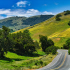 Stylized landscape with house, hills, trees, fields, mountains, and sky