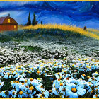 Starry night sky painting with daisies and rustic house