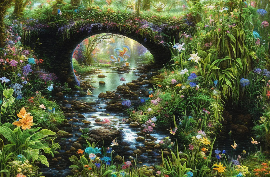 Lush Garden with Stone Bridge and Blooming Flowers